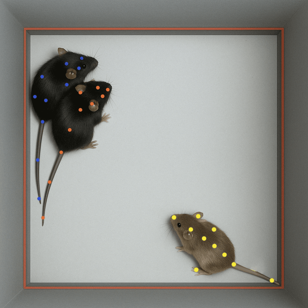 ConductVision social interaction tracking showing multi-animal keypoint detection with color-coded body parts