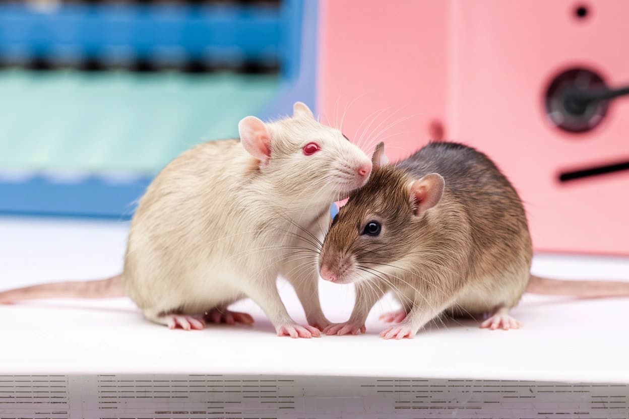 Two laboratory rats in a behavioral research environment — real ConductScience imagery